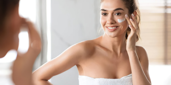 Femme appliquant un soin du visage naturel devant un miroir